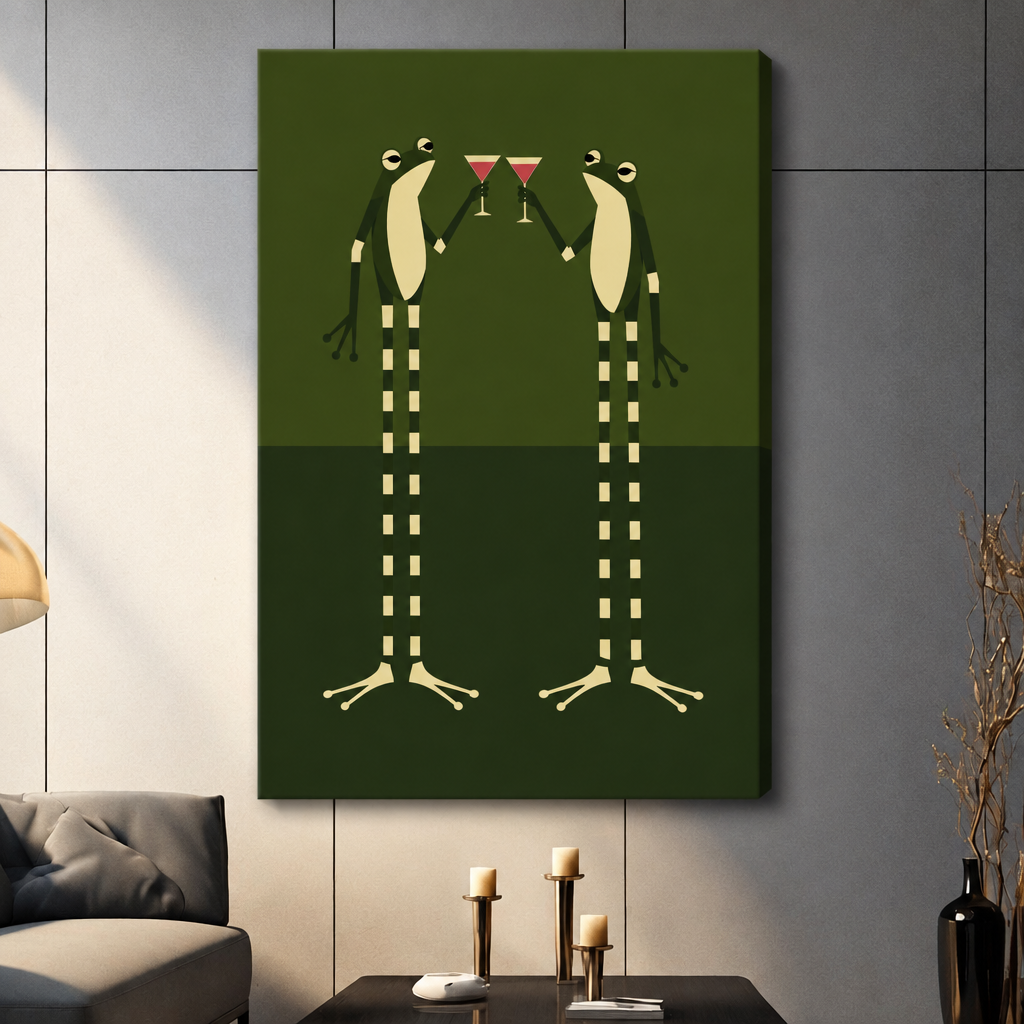 Minimalist retro illustration of two tall green frogs standing face to face clinking red martini glasses with cream bellies and striped legs on a two-tone olive green background funny frog wall art stretched canvas dark panel wall living room