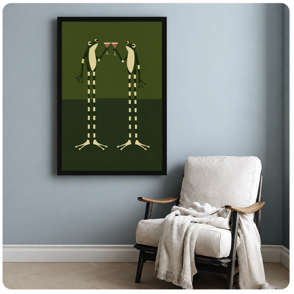 Minimalist retro illustration of two tall green frogs standing face to face clinking red martini glasses with cream bellies and striped legs on a two-tone olive green background funny frog wall art framed print beside armchair blue-gray wall