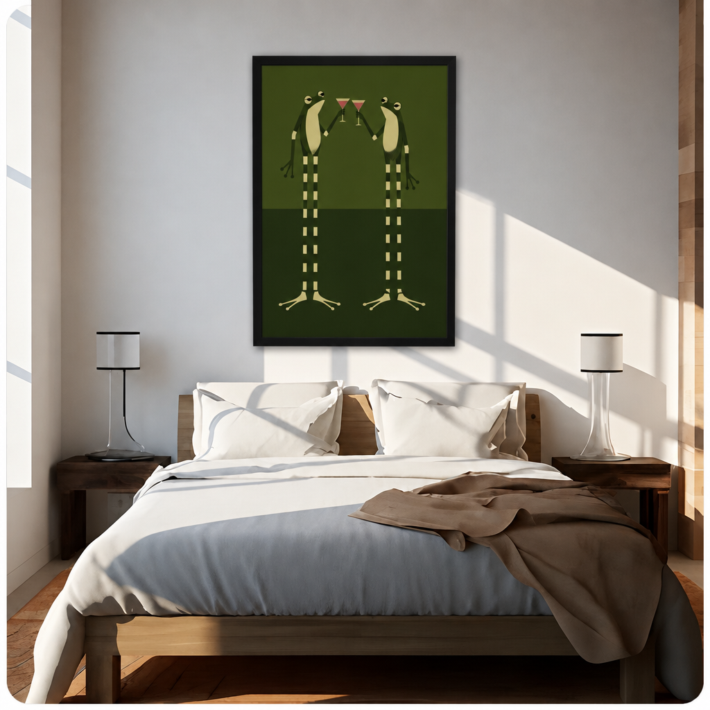 Minimalist retro illustration of two tall green frogs standing face to face clinking red martini glasses with cream bellies and striped legs on a two-tone olive green background funny frog wall art framed print above bed sunlit bedroom