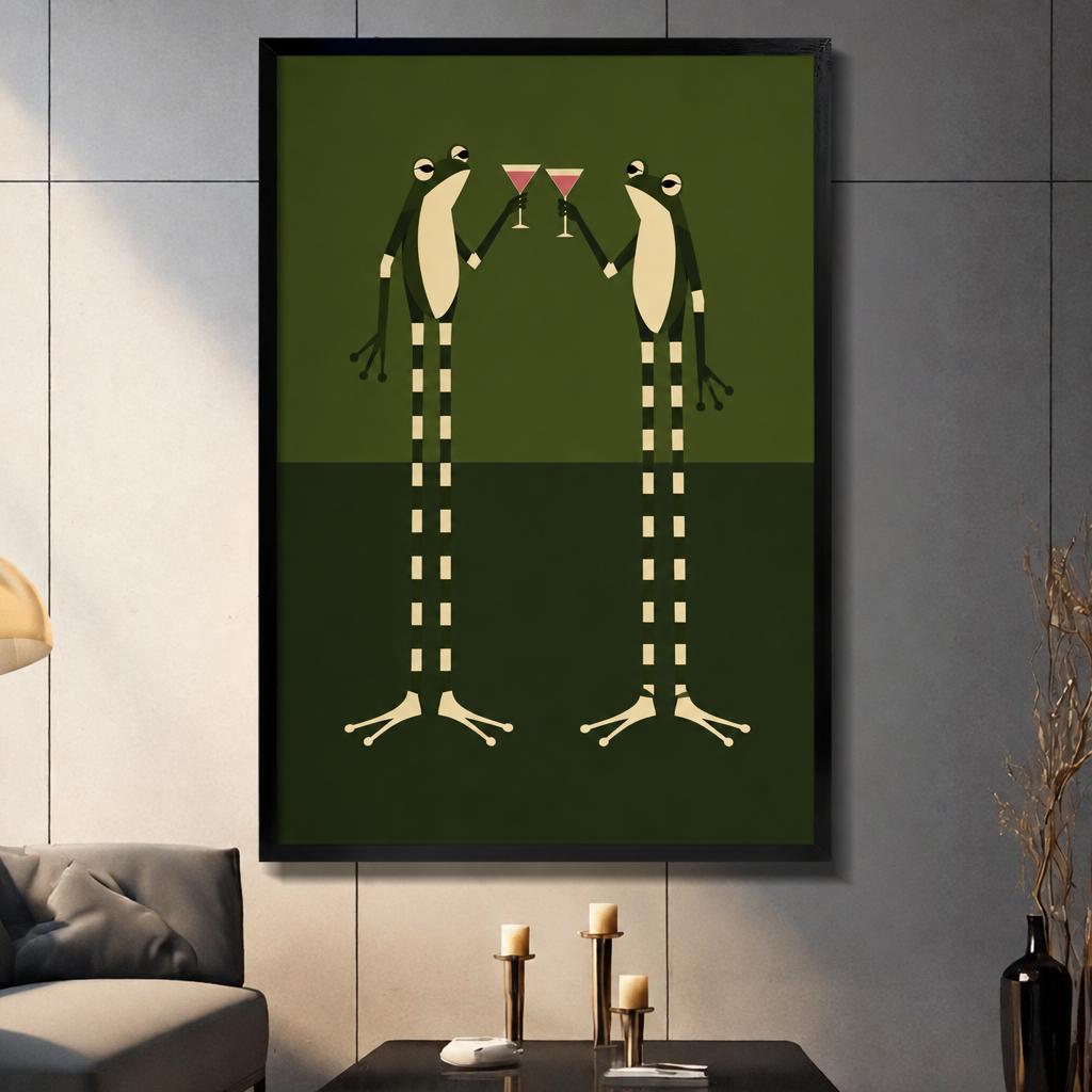 Minimalist retro illustration of two tall green frogs standing face to face clinking red martini glasses with cream bellies and striped legs on a two-tone olive green background funny frog wall art framed print dark panel wall living room