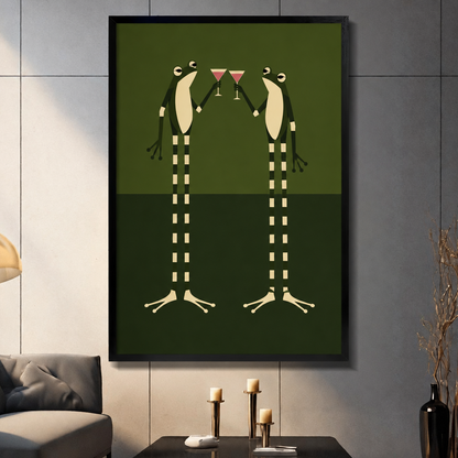 Minimalist retro illustration of two tall green frogs standing face to face clinking red martini glasses with cream bellies and striped legs on a two-tone olive green background funny frog wall art framed print dark panel wall living room