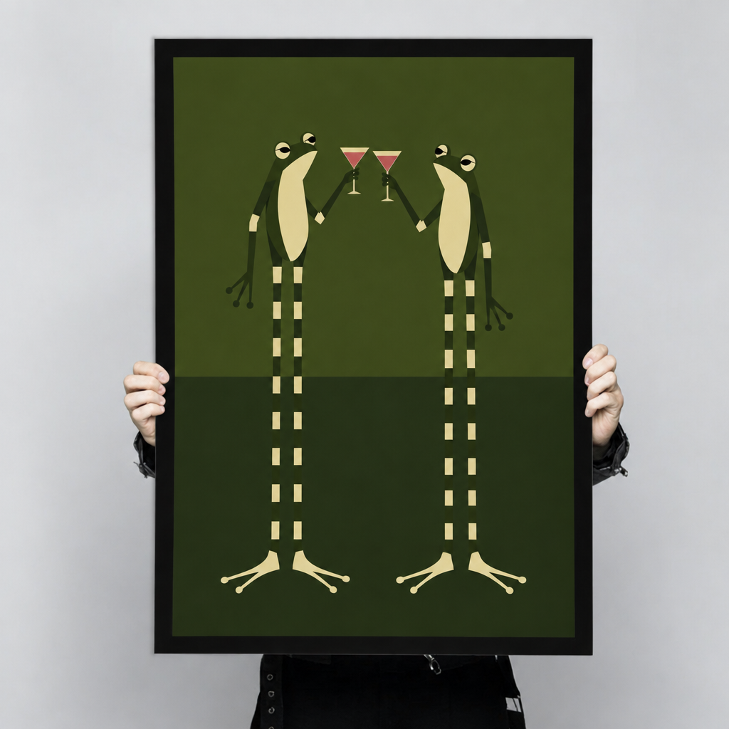 Minimalist retro illustration of two tall green frogs standing face to face clinking red martini glasses with cream bellies and striped legs on a two-tone olive green background funny frog wall art framed print held up