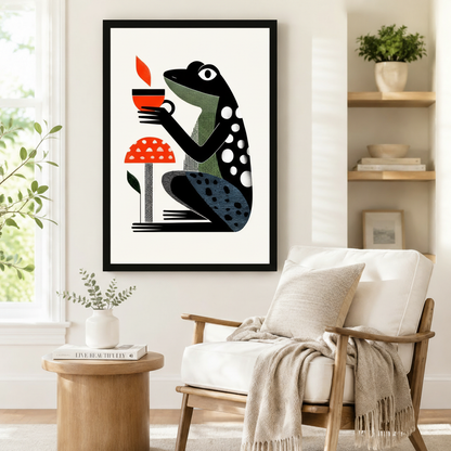 Black framed frog coffee mushroom art print on neutral wall beside wooden armchair with throw blanket in relaxed home reading corner