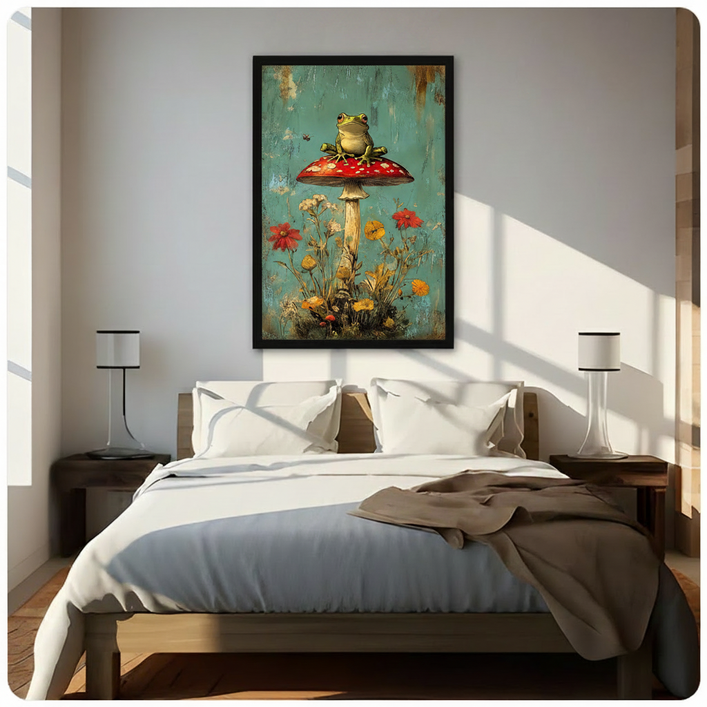 Black-framed frog and mushroom poster hung above a bed as bedroom wall decor, with warm natural light and neutral bedding