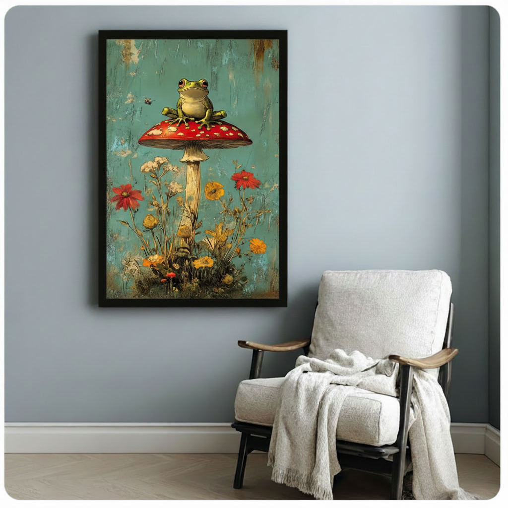 Vintage-style framed art print featuring a frog on a spotted mushroom with botanical flowers, displayed above a white accent chair