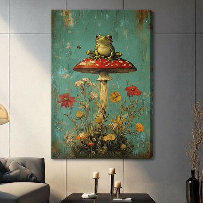 Canvas print of a green frog perched on a red mushroom surrounded by wildflowers, hung in a bright modern living room
