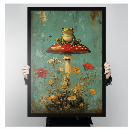 Close-up of a botanical wall art print showing a cartoon frog sitting on a red amanita mushroom with red and yellow wildflowers