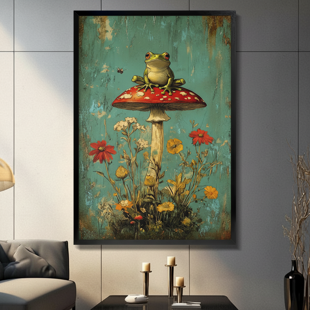 Framed frog on red mushroom wall art displayed in a dark-toned living room above a console table with candles
