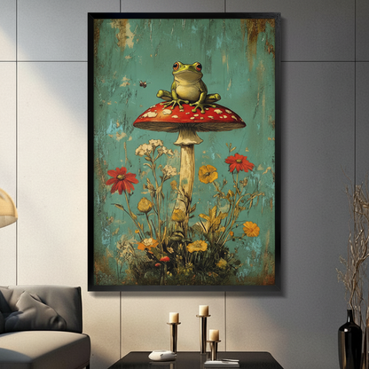 Framed frog on red mushroom wall art displayed in a dark-toned living room above a console table with candles
