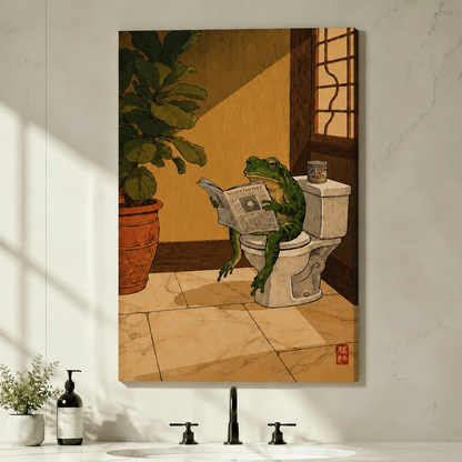 Whimsical frog reading newspaper on toilet Japanese ukiyo-e style gallery wrap canvas displayed in modern bathroom above vanity