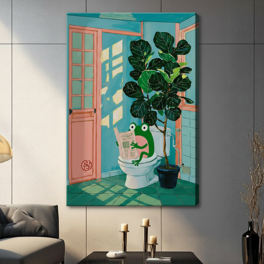 Whimsical frog sitting on toilet reading newspaper canvas wall art, vibrant teal bathroom illustration with potted plant, gallery wrap unframed print