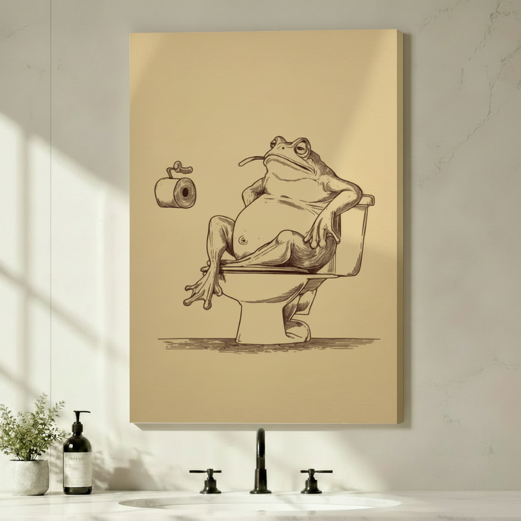 Frameless canvas print of a relaxed chubby frog perched on a toilet in a warm sepia sketch style, displayed on a bathroom wall as quirky and humorous home decor