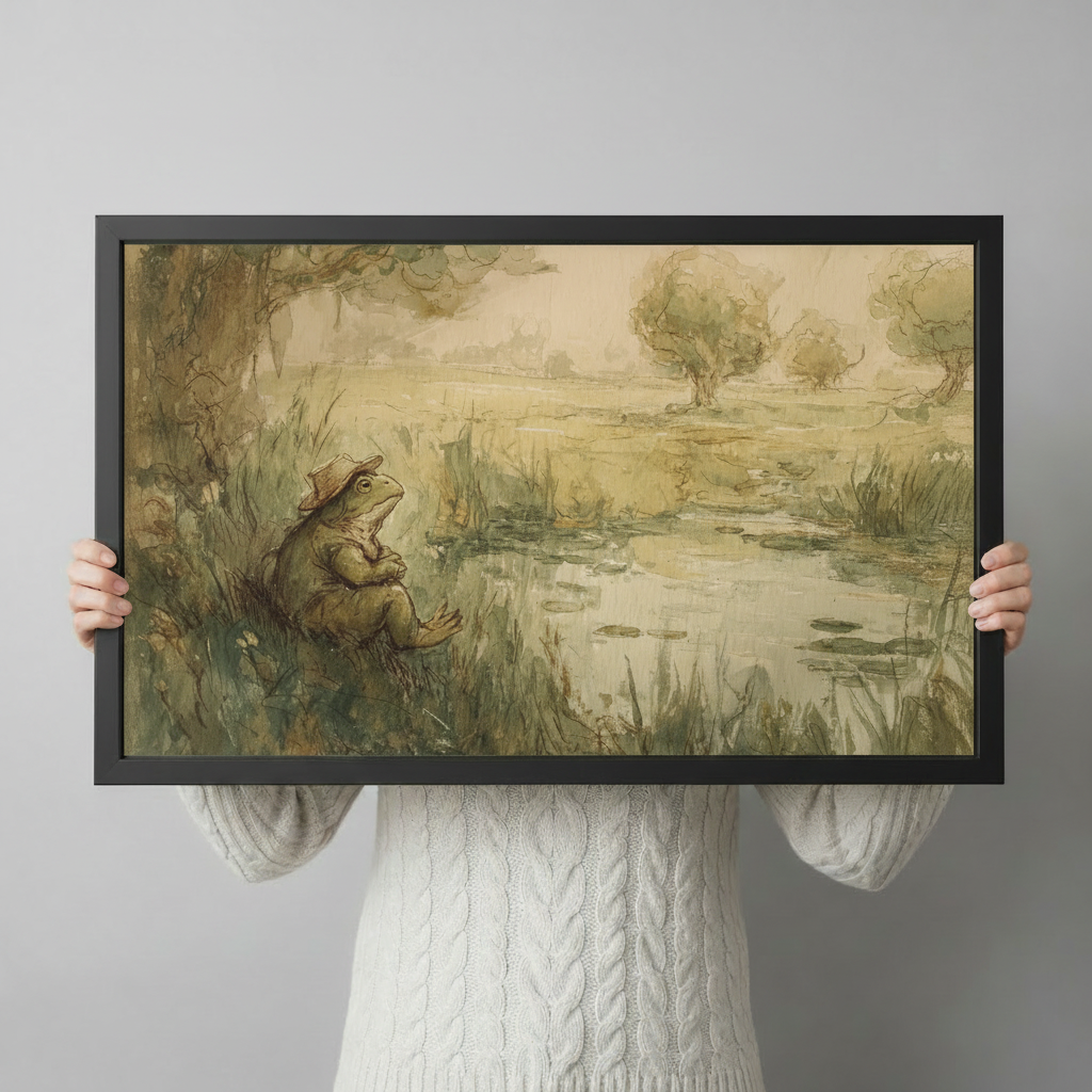 Person holding a framed frog pond art print, vintage illustrated wall art with earthy green tones, ready to hang