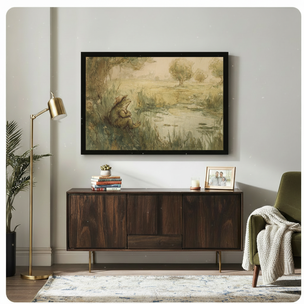 Framed frog by pond canvas art hung above wooden sideboard in cozy living room, vintage storybook illustration wall print