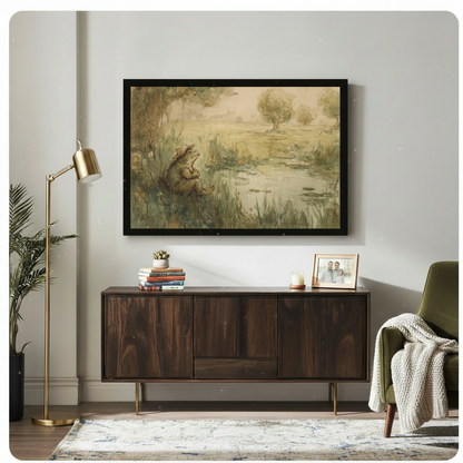 Framed frog by pond canvas art hung above wooden sideboard in cozy living room, vintage storybook illustration wall print