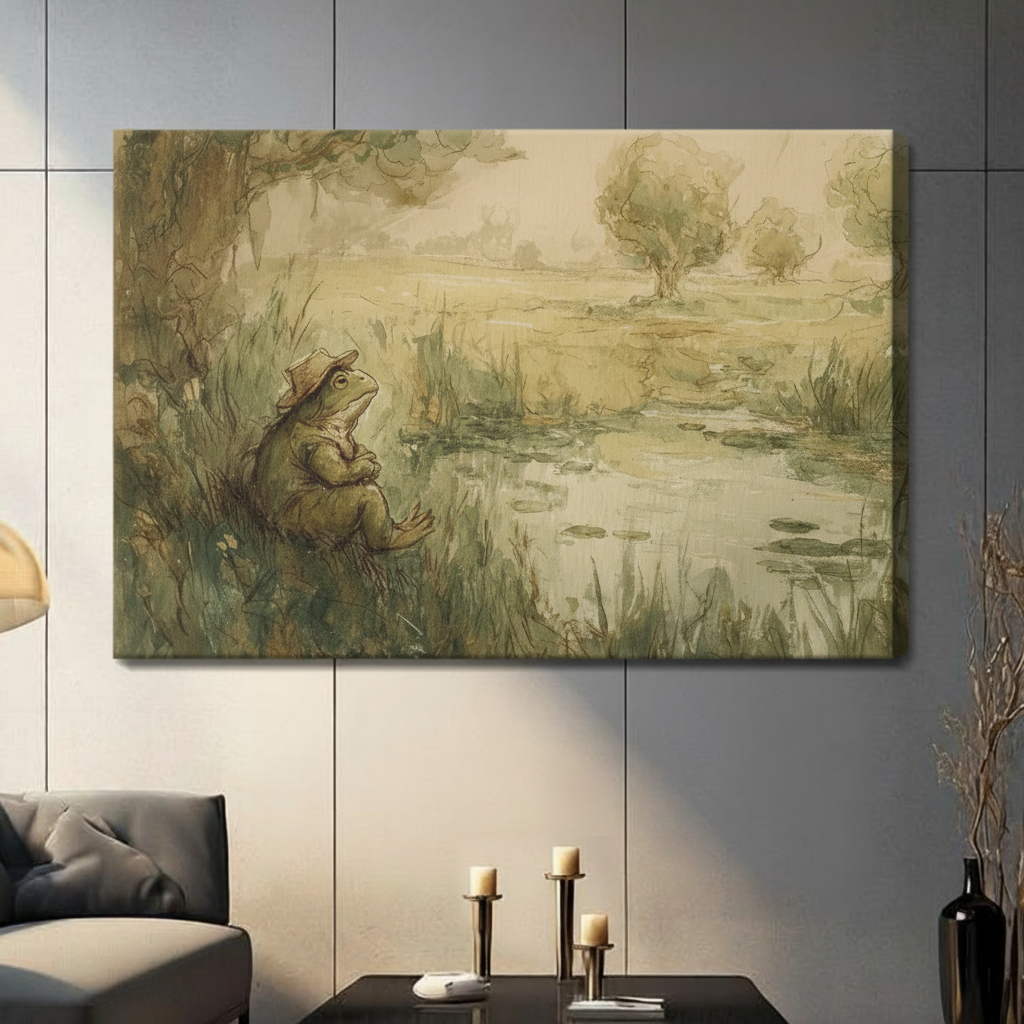 Gallery wrap canvas wall art featuring a whimsical frog sitting by a pond, vintage nature painting style, living room decor