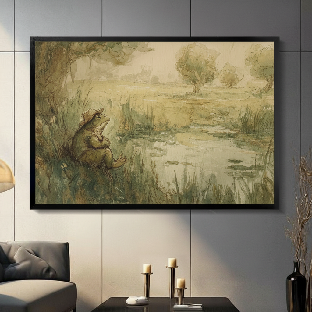 Vintage frog wall art print in black frame mounted on living room wall, whimsical frog by pond oil painting canvas