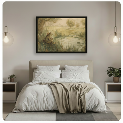 Framed vintage frog pond painting above bed in minimalist bedroom, whimsical nature wall art print for home decor