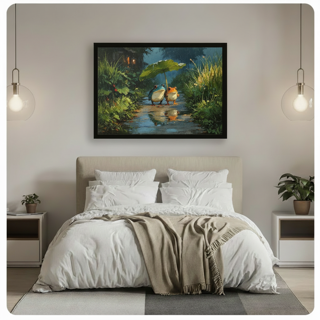 Whimsical frog couple in rainy forest black framed canvas art mounted above bed in bright minimalist bedroom with pendant lights