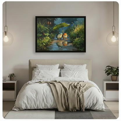 Whimsical frog couple in rainy forest black framed canvas art mounted above bed in bright minimalist bedroom with pendant lights