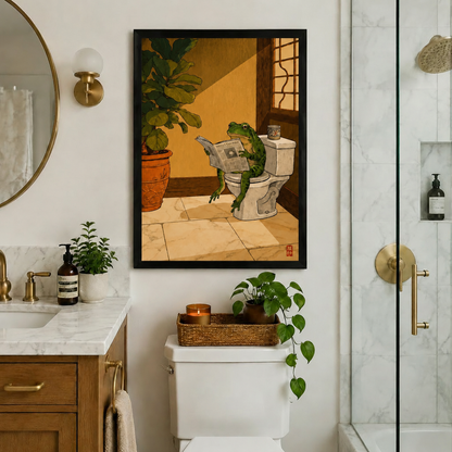 Japanese-style illustration of green frog on toilet with newspaper in black frame, styled in upscale marble bathroom with gold fixtures