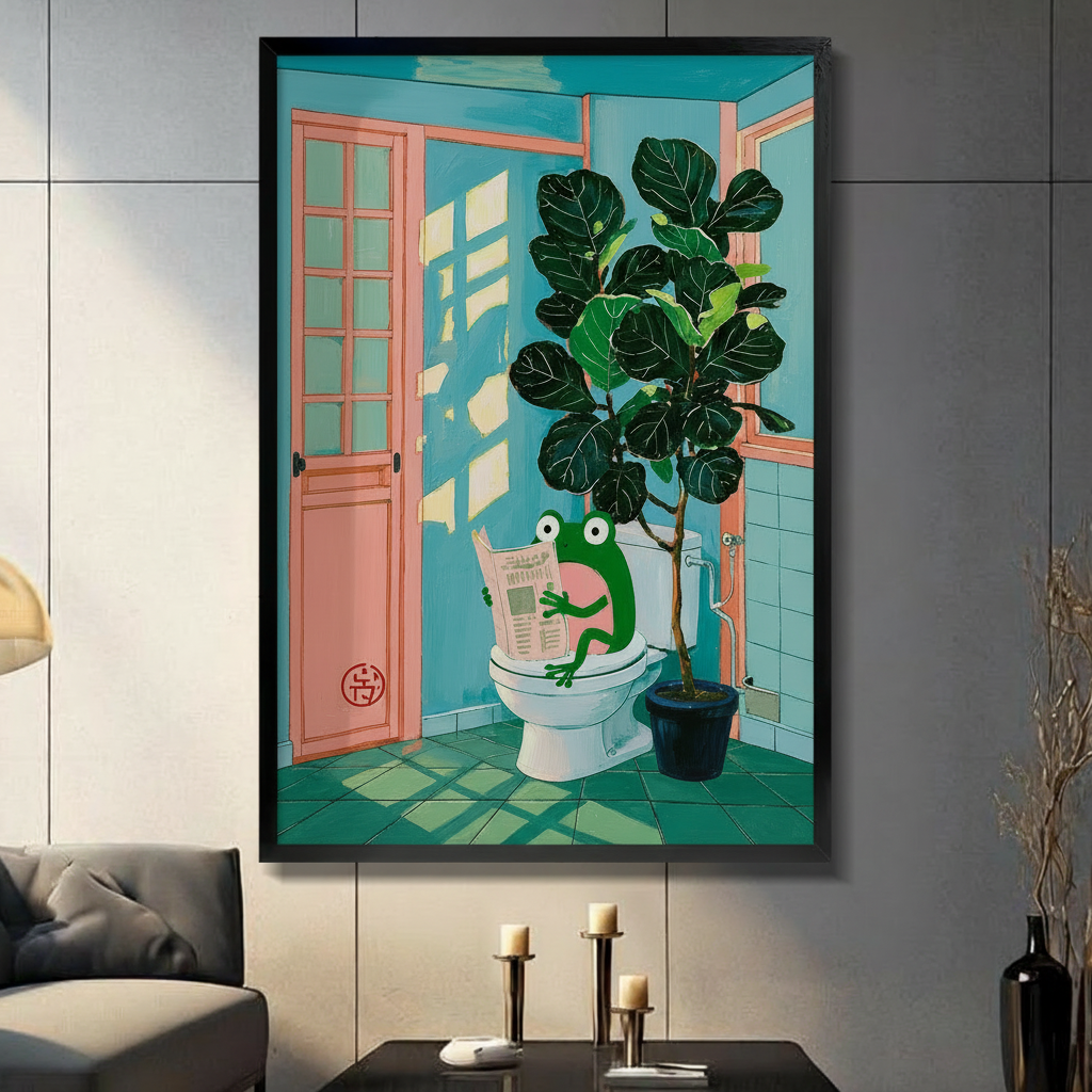 Funny green frog reading newspaper on toilet framed wall art in modern living room, colorful bathroom scene with fiddle leaf fig plant, black frame print