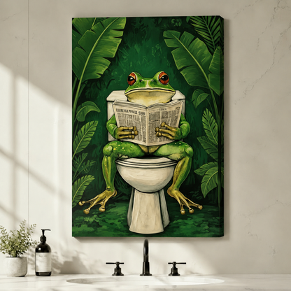Gallery-wrapped canvas print of a whimsical green frog on a toilet with newspaper, set against a lush tropical background, styled above a bathroom vanity
