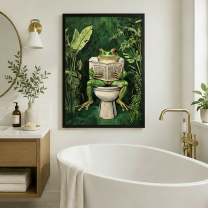 Framed quirky frog on toilet art print displayed beside a freestanding bathtub in a bright Scandinavian-style bathroom with gold faucet and round mirror