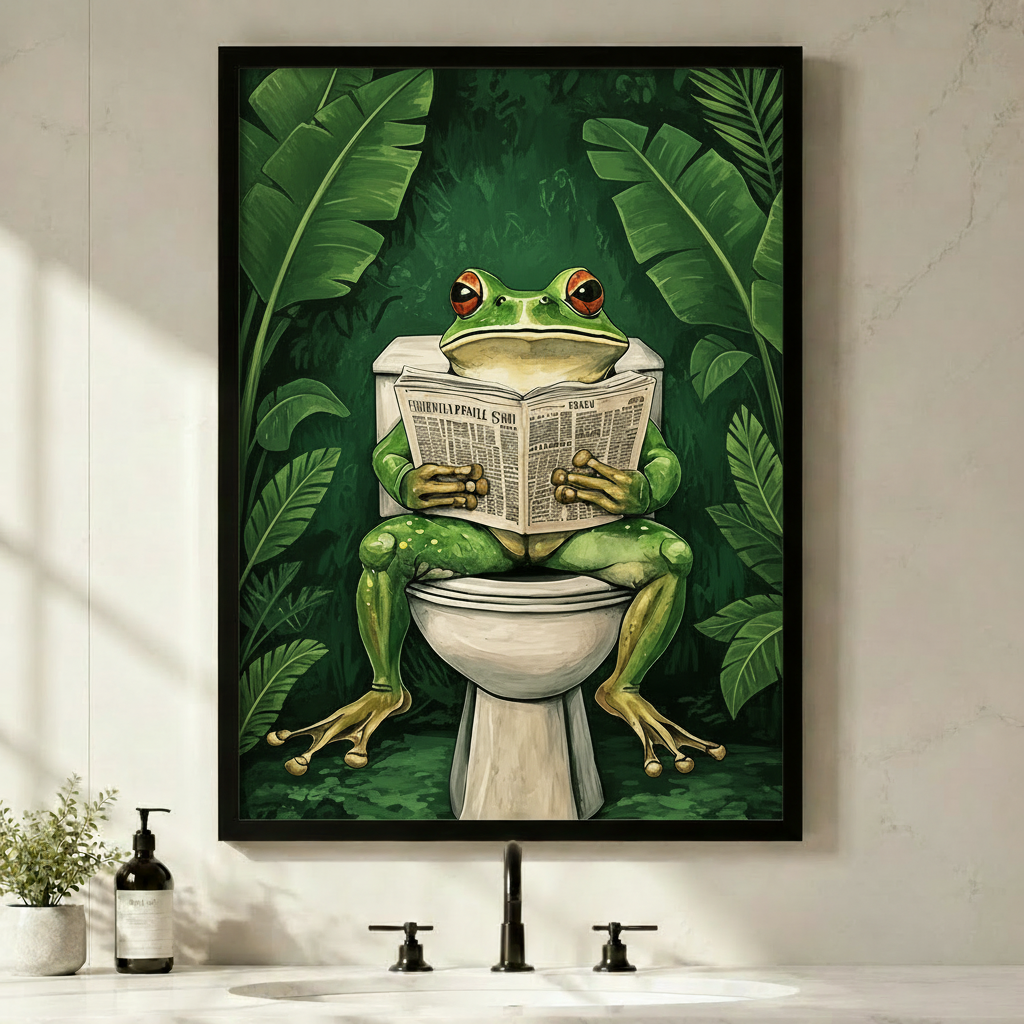 Framed humorous wall art of a red-eyed tree frog sitting on a toilet reading a newspaper surrounded by tropical jungle leaves, displayed above a modern bathroom sink