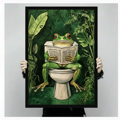 Two hands holding a large black-framed canvas print of a red-eyed tree frog reading a newspaper on a toilet amid tropical foliage, showing print size and detail