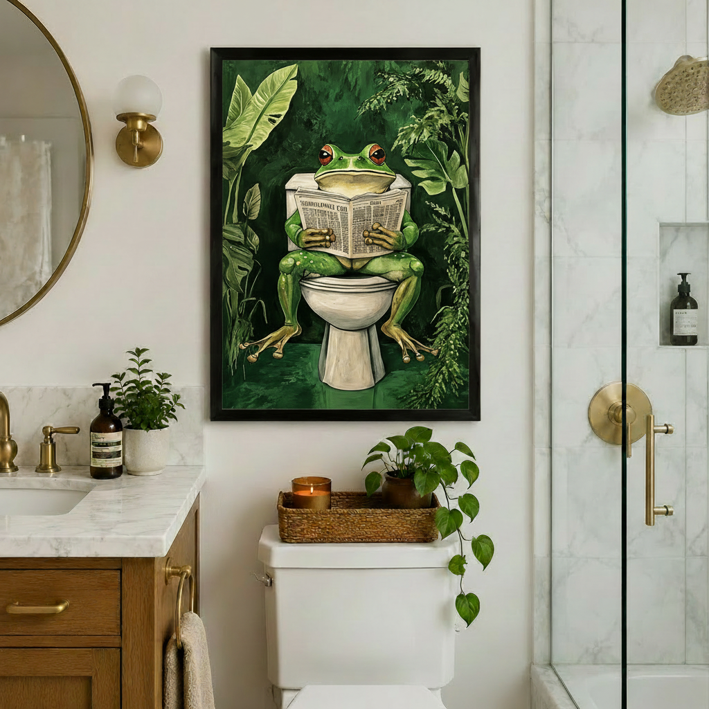 Black-framed funny frog bathroom wall art hung in a luxury bathroom with gold fixtures, marble countertop, and glass shower enclosure