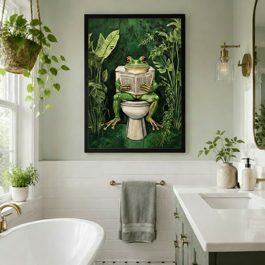 Black-framed humorous tree frog bathroom wall art above a towel rail in a classic white subway tile bathroom with dual vanity and freestanding tub