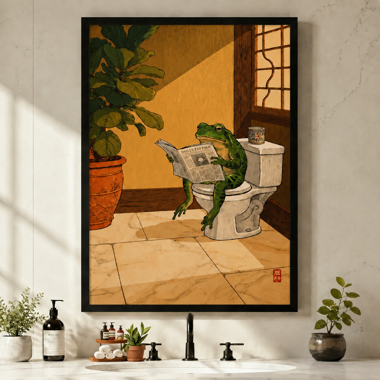Funny green frog sitting on toilet reading Daily Tad Pole newspaper, Japanese-style illustration in black frame hung above bathroom sink