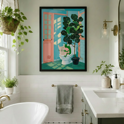 Funny frog on toilet reading newspaper framed print in bright white bathroom with freestanding tub and hanging plants, colorful kawaii teal bathroom art with black frame for bathroom wall decor