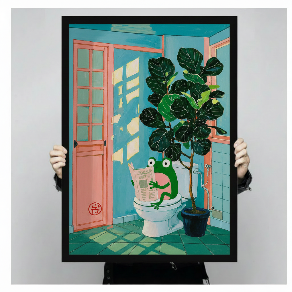 Hand-held close-up of funny frog reading newspaper on toilet black framed art print, detailed view of teal bathroom scene with fiddle leaf fig, humorous animal wall decor