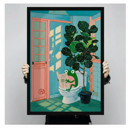Hand-held close-up of funny frog reading newspaper on toilet black framed art print, detailed view of teal bathroom scene with fiddle leaf fig, humorous animal wall decor