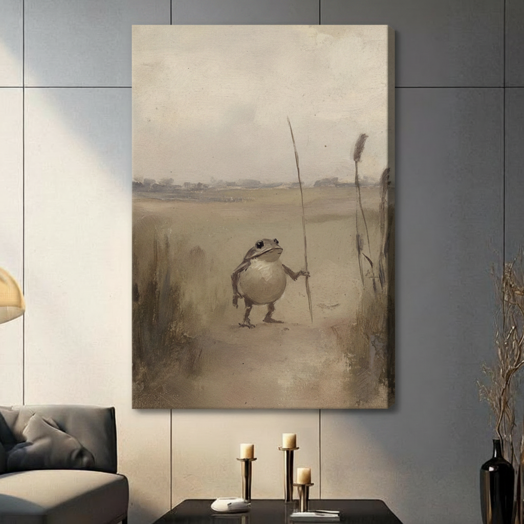 Gallery wrap stretched canvas of a round gray-brown frog standing upright gripping a slender cattail reed while glancing back across a desolate golden field with a hazy horizon on an aged beige background hung frameless on a gray wall