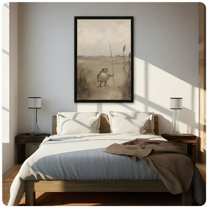 Black framed melancholy vintage frog holding a slender reed standing alone in a golden brown meadow dark academia canvas wall art with aged parchment background hung above a dark wood bed with white and beige linen in a sunlit minimalist bedroom