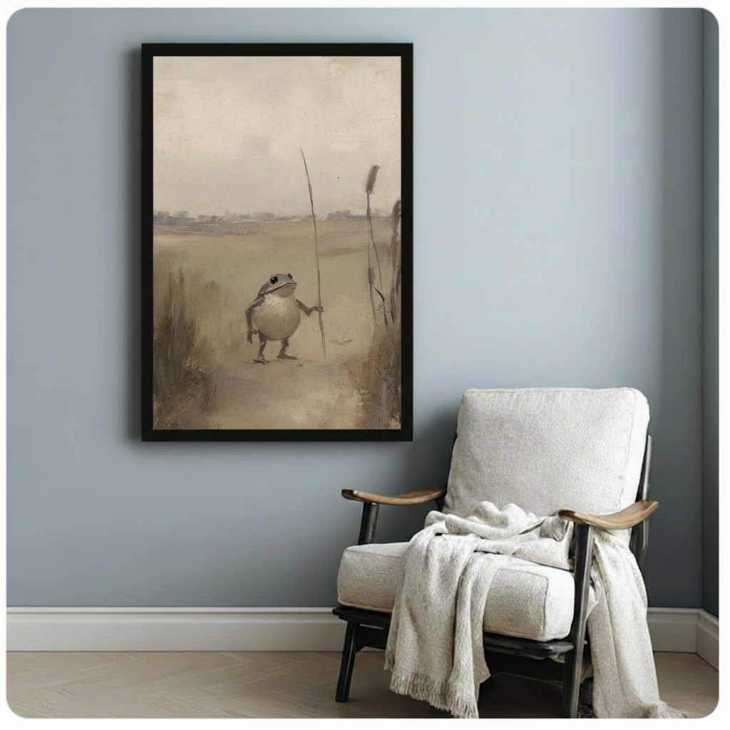 Black framed whimsical solitary frog with reed staff in a vast withered meadow vintage oil painting canvas print with warm parchment background hung on a soft blue-gray wall beside a white upholstered wood lounge chair with cream throw