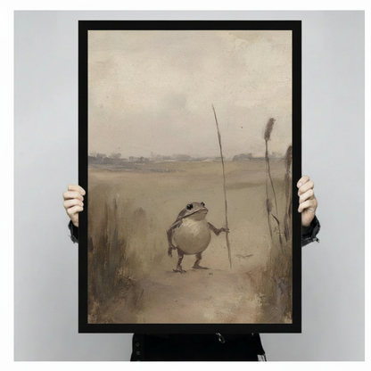 Two hands in black jacket sleeves holding a large black framed vintage lonely frog clutching a tall reed in a misty golden brown field dark academia oil painting canvas art print, front-facing vertical product size display