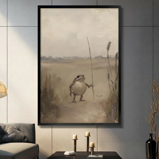 Black framed vintage chubby frog standing alone holding a tall reed in a misty golden brown meadow dark academia oil painting canvas wall art displayed in a modern gray living room with dark sofa black coffee table and gold candlestick holders