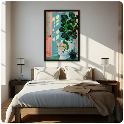 Colorful frog on toilet reading newspaper framed print hanging above bed in sunlit minimalist bedroom, funny bathroom animal art for bedroom or kids room wall decor