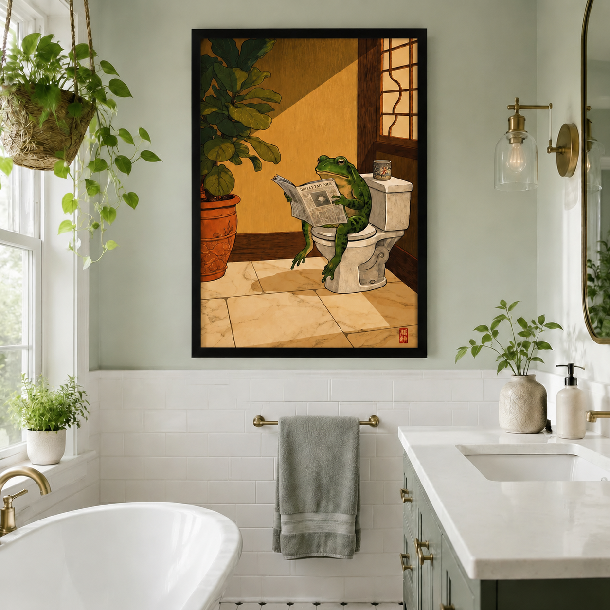 Vintage Japanese frog reading Daily Tad Pole on toilet framed canvas print hung in bright white subway tile bathroom with freestanding tub