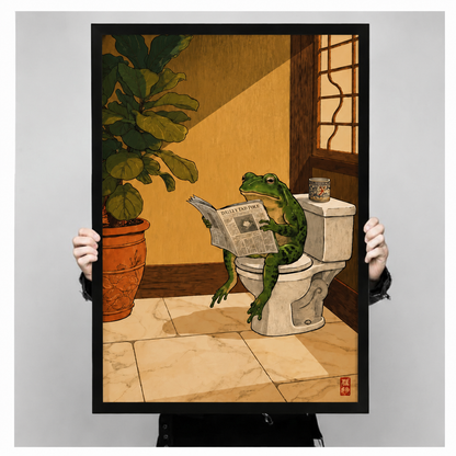 Person holding large black framed print of humorous frog reading newspaper on toilet, funny bathroom wall art gift idea