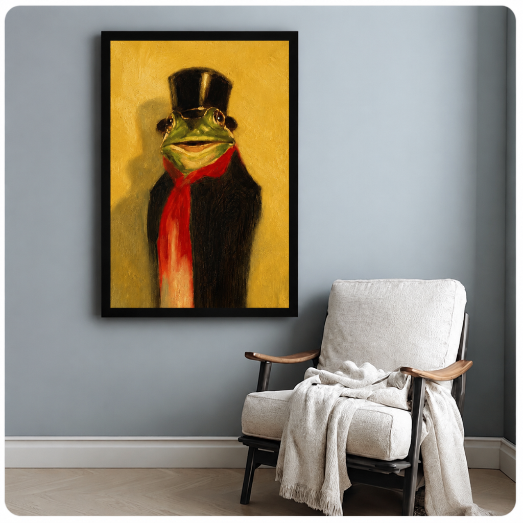Framed portrait of a frog in a black top hat and red scarf, styled as a classic oil painting, displayed beside a white armchair