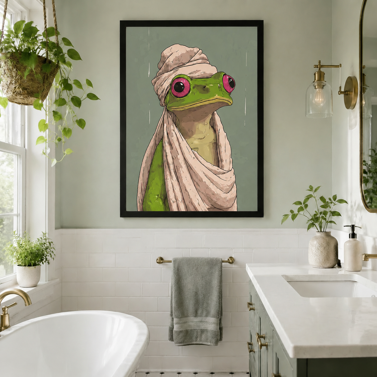 Humorous frog in towel framed print above towel bar in bright bathroom with freestanding tub and double sink vanity