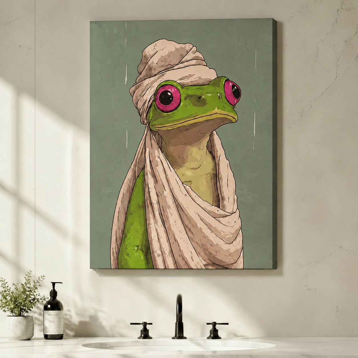 Whimsical frog wrapped in towel canvas wall art displayed above bathroom vanity sink, quirky animal print for bathroom