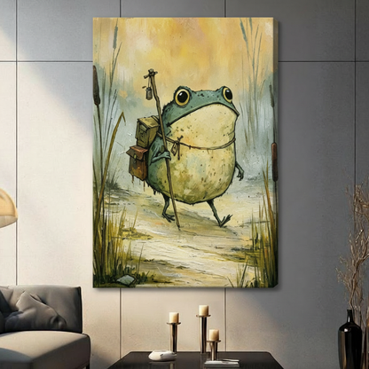 Gallery wrap canvas of a chubby blue-green frog adventurer carrying a wooden backpack and lantern stick through golden reed wetland wall art