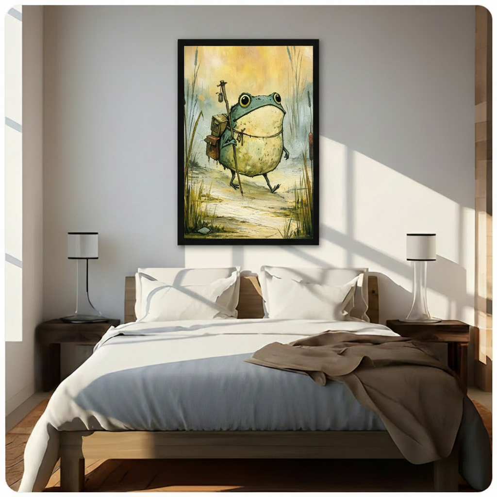 Black framed whimsical traveling frog backpack lantern reed wetland watercolor canvas wall art above dark wood bed white linen