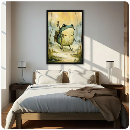 Black framed whimsical traveling frog backpack lantern reed wetland watercolor canvas wall art above dark wood bed white linen
